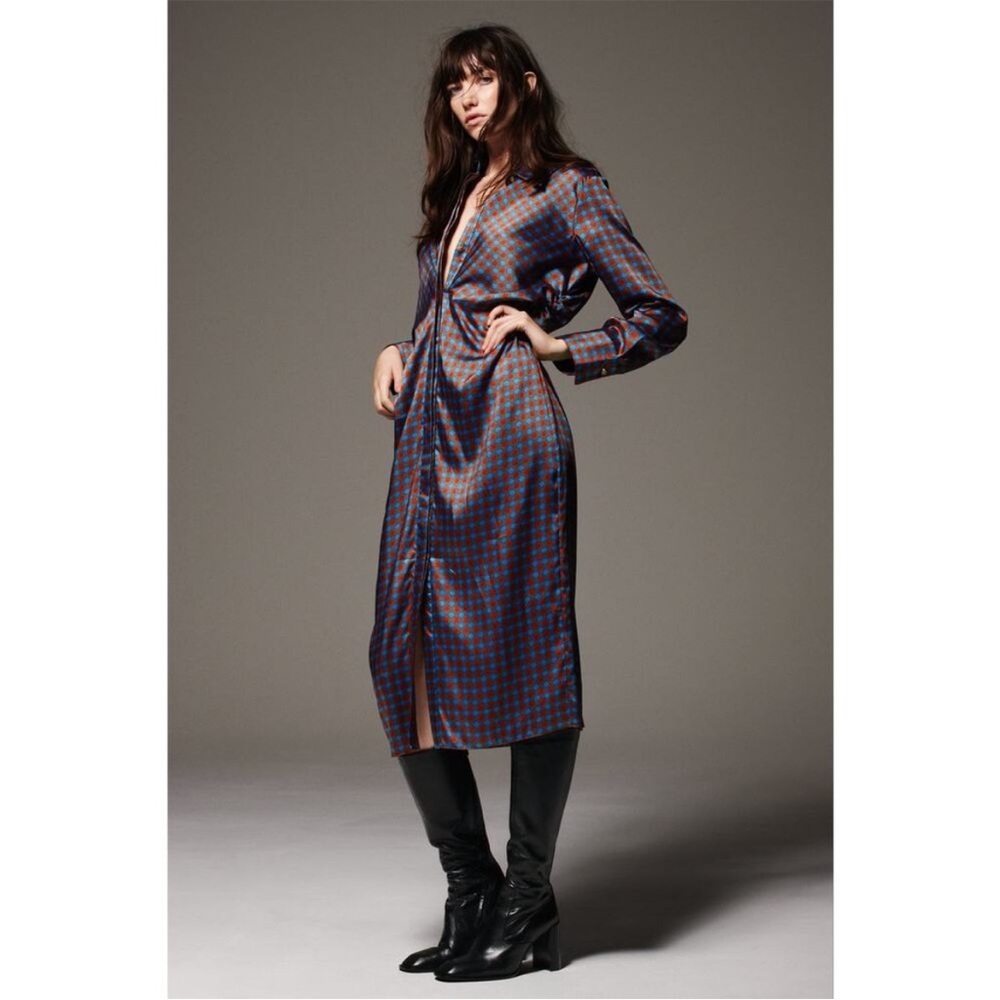 Zara Geometric Pattern Shirt Dress Womens SZ Medium Blue Red Orange Button *FLAW